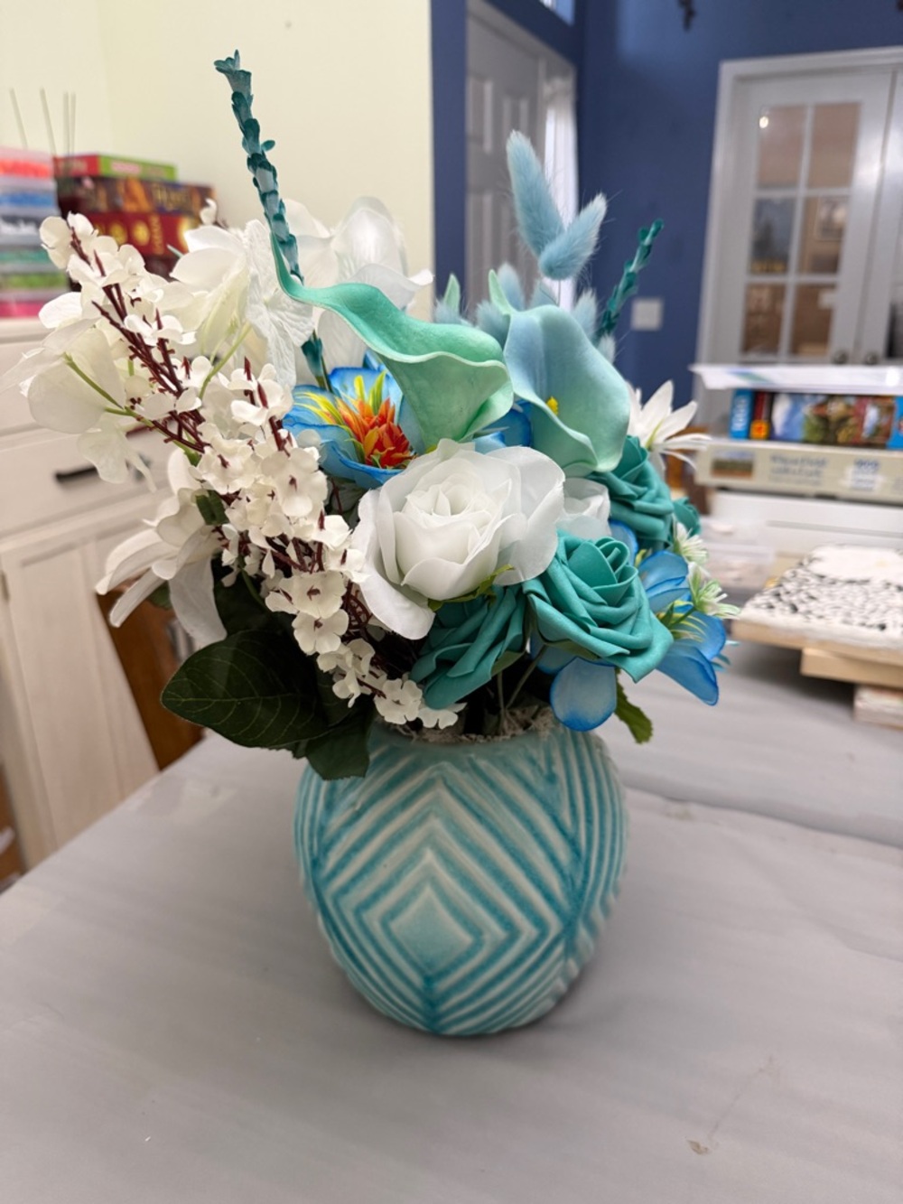 Turquoise & White Floral Arrangement in Decorative Vase - Home Accents - Picture 8 of 8